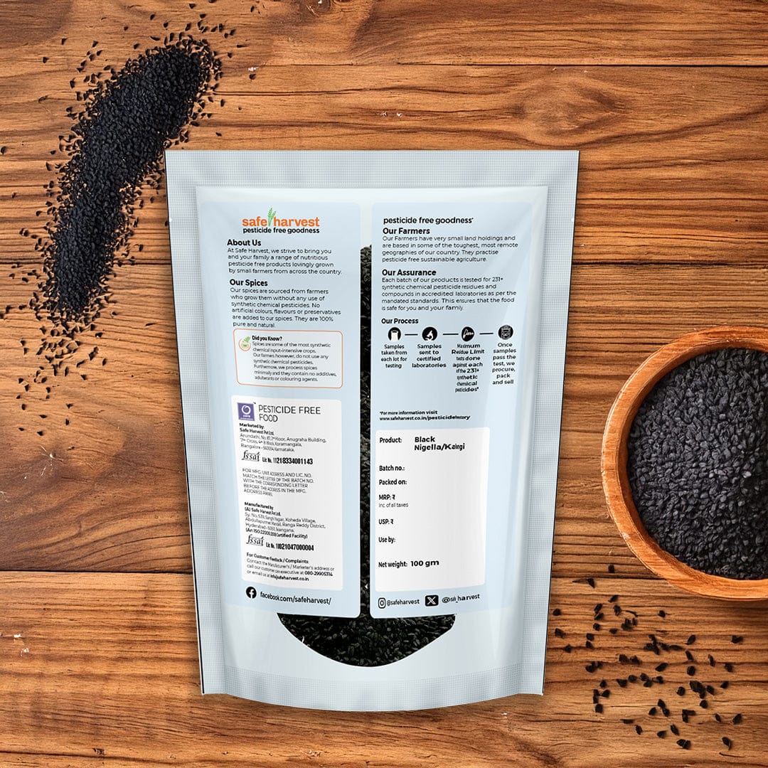 Safe Harvest pesticide-free kalonji black nigella seeds nutrition label and ingredient panel.