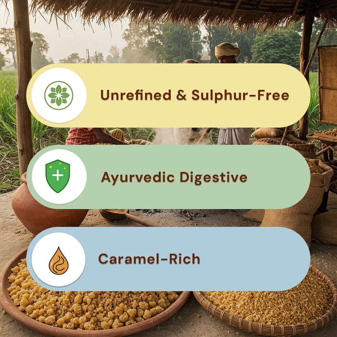 Safe Harvest Khandsari sugar benefits - unrefined and sulphur-free, ayurvedic digestive, caramel-rich natural sweetener.