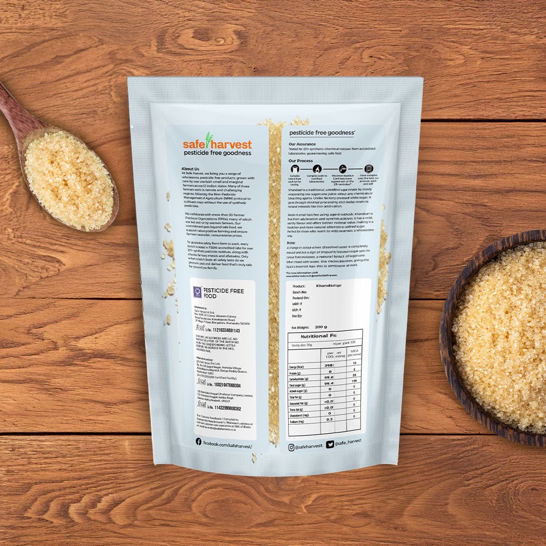 Safe Harvest Khandsari sugar lab test report - 230+ pesticide residues, heavy metals and aflatoxins tested every batch.
