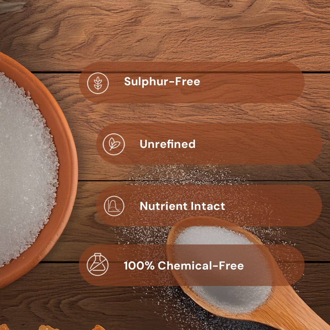 Safe Harvest Khandsari sugar attributes -- sulphur-free, unrefined, nutrients intact, 100% chemical-free.