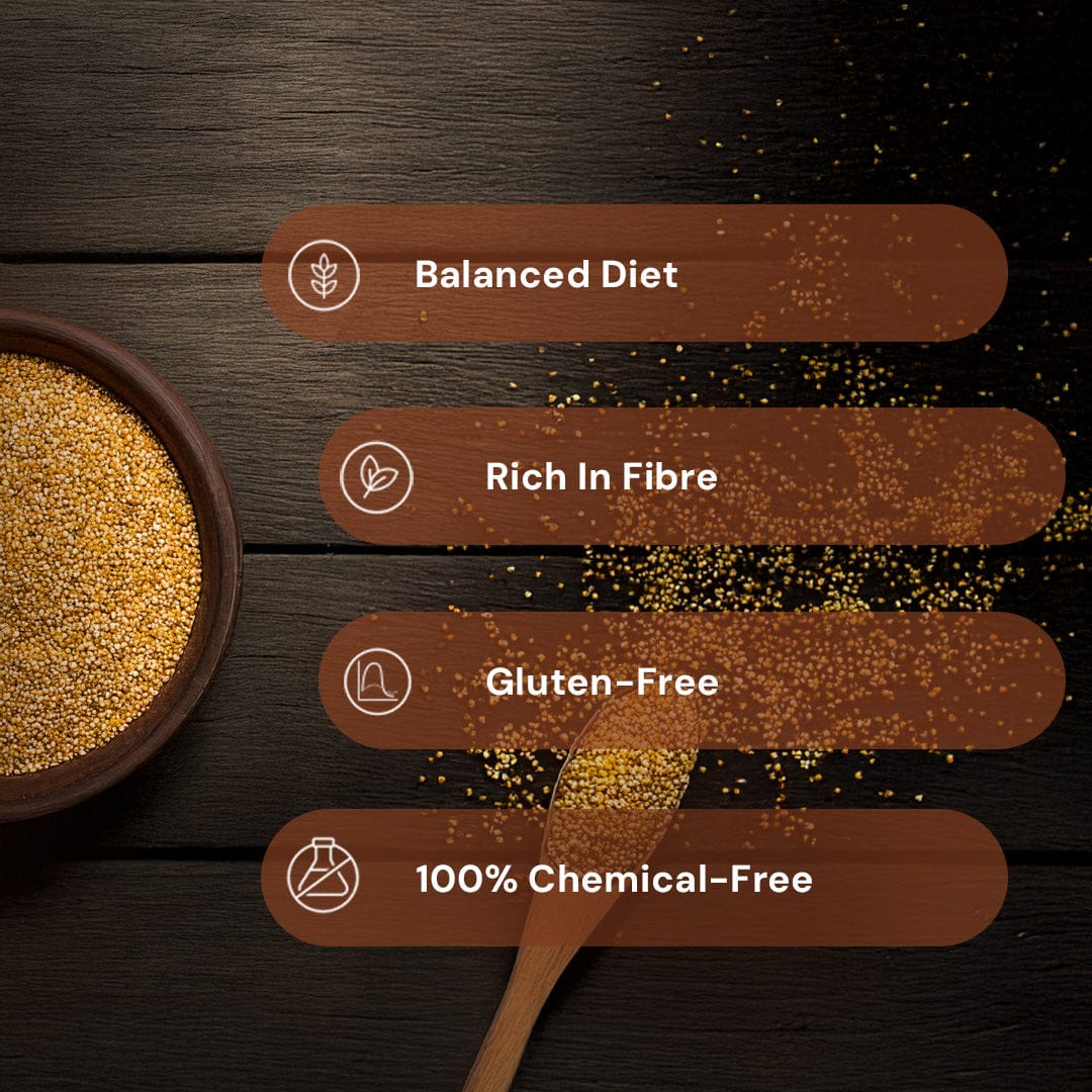 Safe Harvest Little Millet Rice attributes, balanced diet grain, rich in fibre, gluten-free, 100% chemical-free.