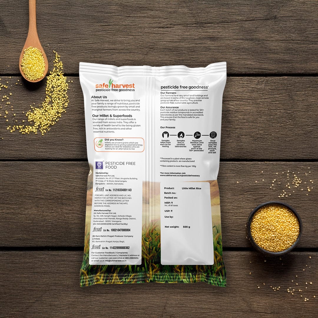 Safe Harvest Little Millet Rice lab test report, 230+ pesticide residues tested every batch.