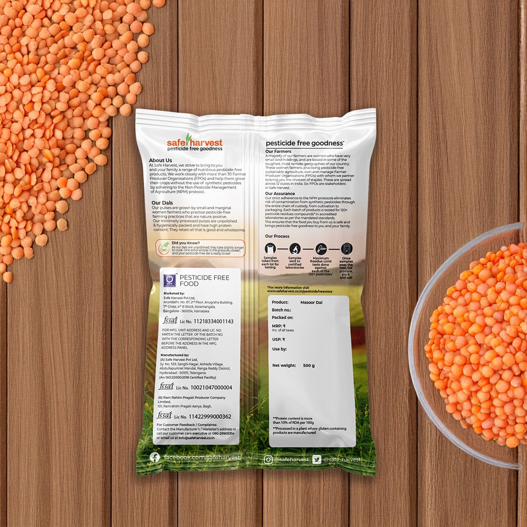 Safe Harvest pesticide-free masoor dal red lentils nutrition label and ingredient panel.