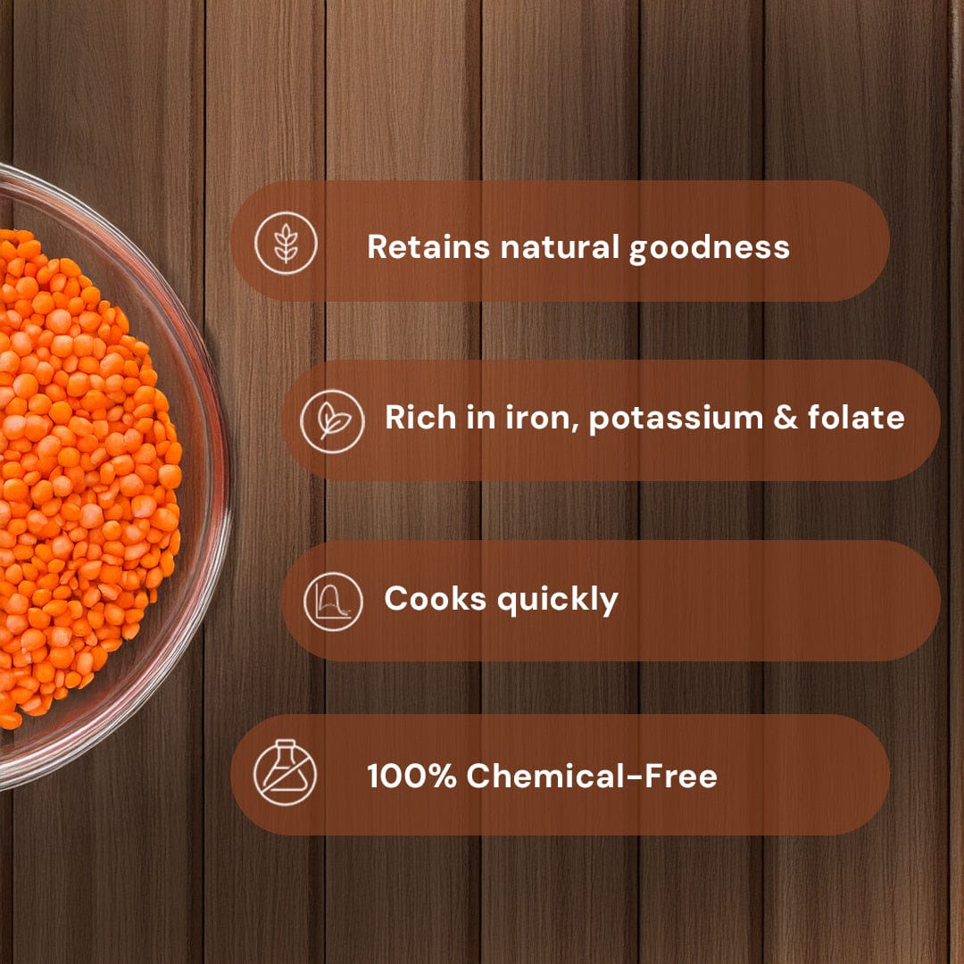 Safe Harvest pesticide-free masoor dal retains natural goodness rich in iron potassium and folate cooks quickly 100% chemical-free.