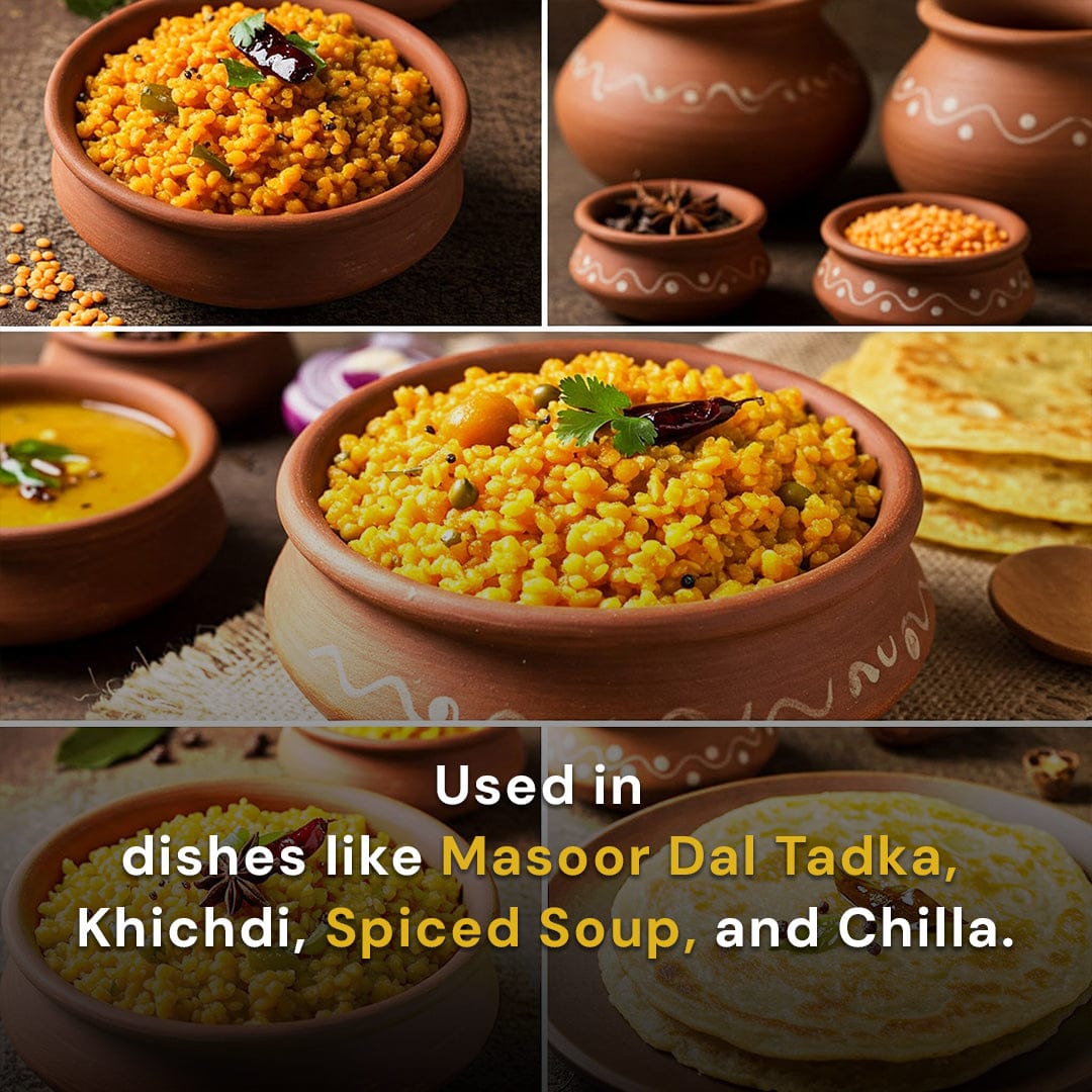 Safe Harvest pesticide-free masoor dal used in dishes like masoor dal tadka khichdi spiced soup and chilla
