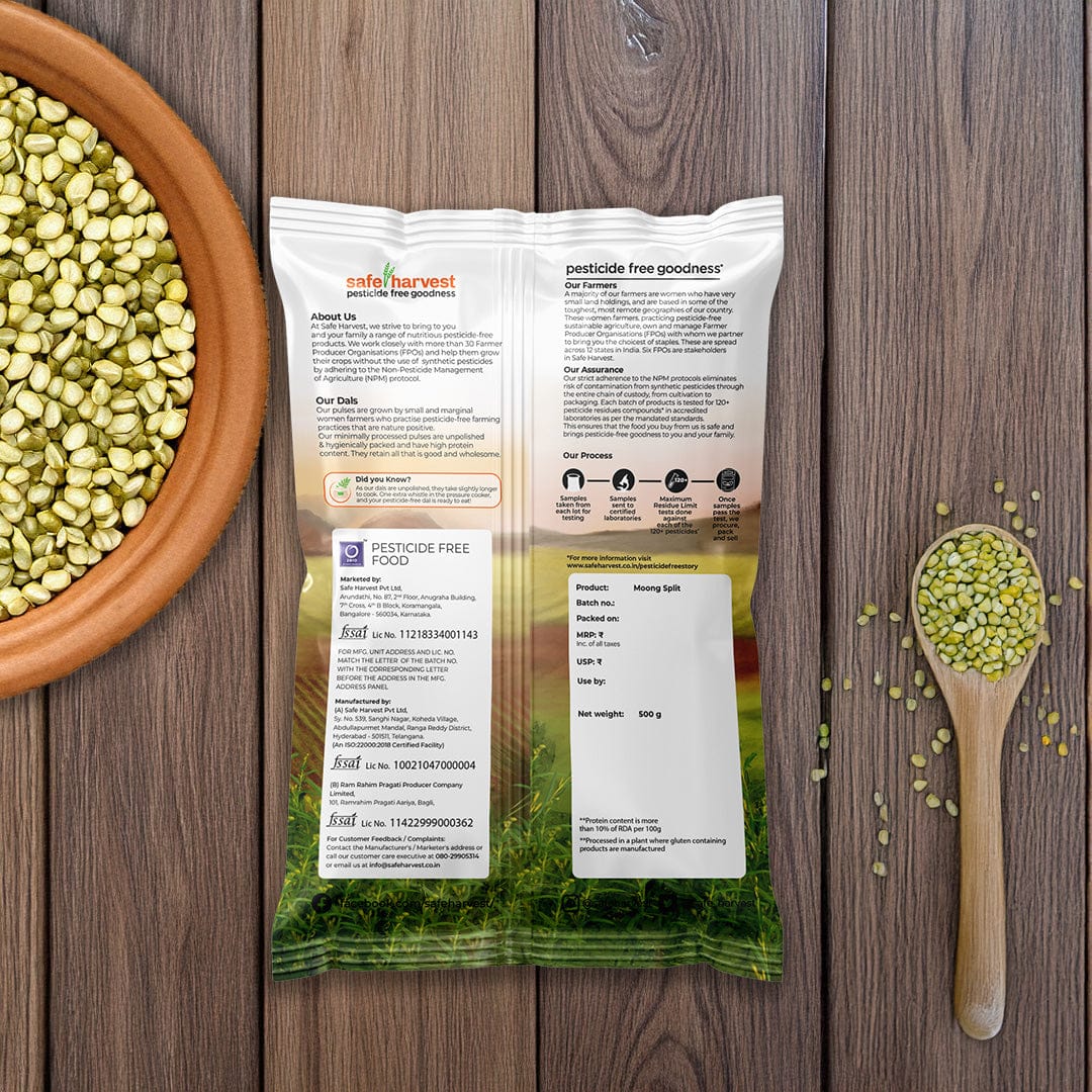 Safe Harvest pesticide-free moong dal chilka split green gram nutrition label and ingredient panel