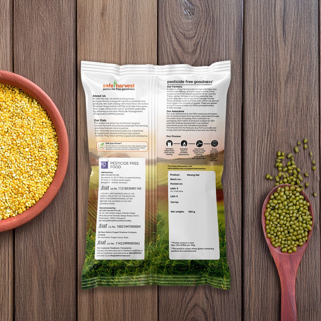 Safe Harvest pesticide-free moong dal yellow split nutrition label and ingredient panel.