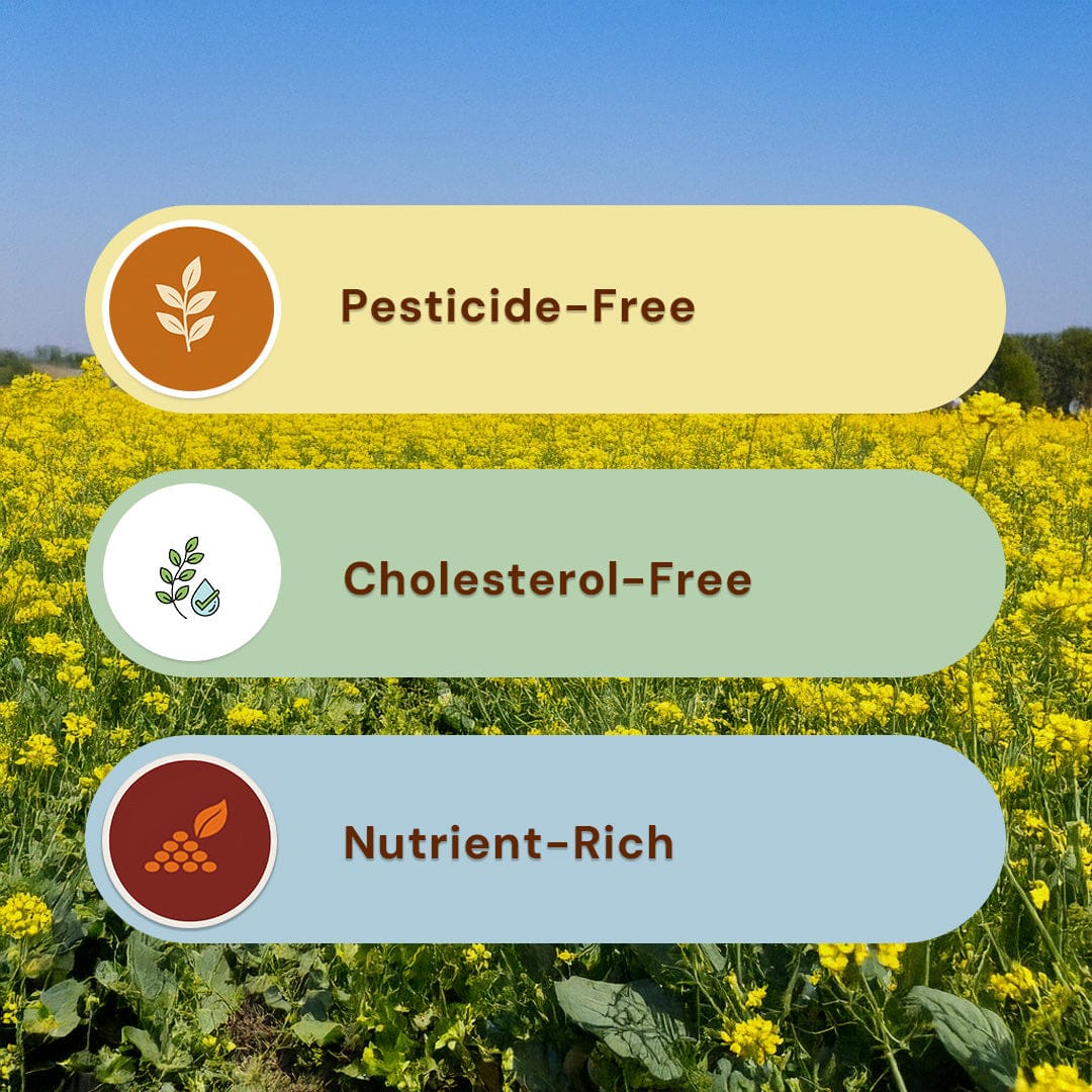 Safe Harvest cold-pressed mustard oil benefits — pesticide-free, cholesterol-free, nutrient-rich kachi ghani oil.