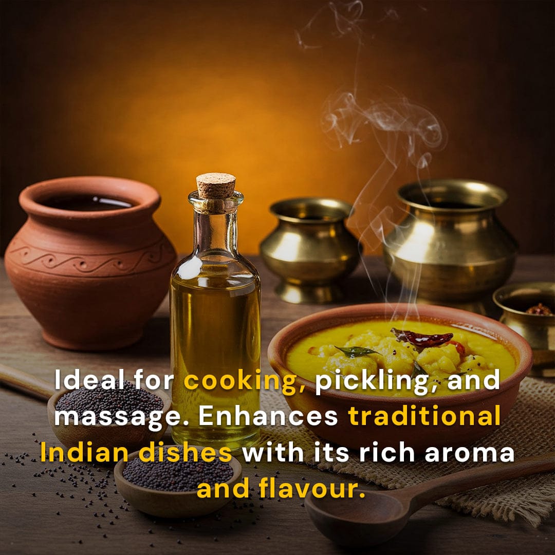 Safe Harvest cold-pressed mustard oil ideal for cooking, pickling and massage — enhances traditional Indian dishes with rich aroma