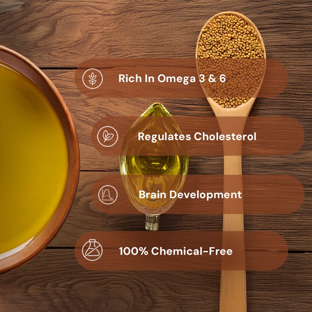 Safe Harvest mustard oil nutrition — rich in omega-3 and omega-6, regulates cholesterol, brain development, 100% chemical-free.
