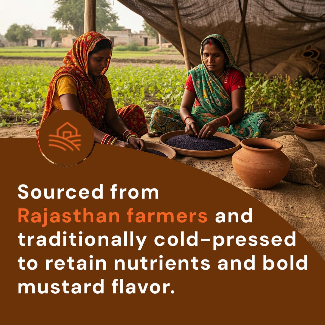 Safe Harvest mustard oil sourced from Rajasthan women farmers — cold-pressed kachi ghani, free from chemical pesticides