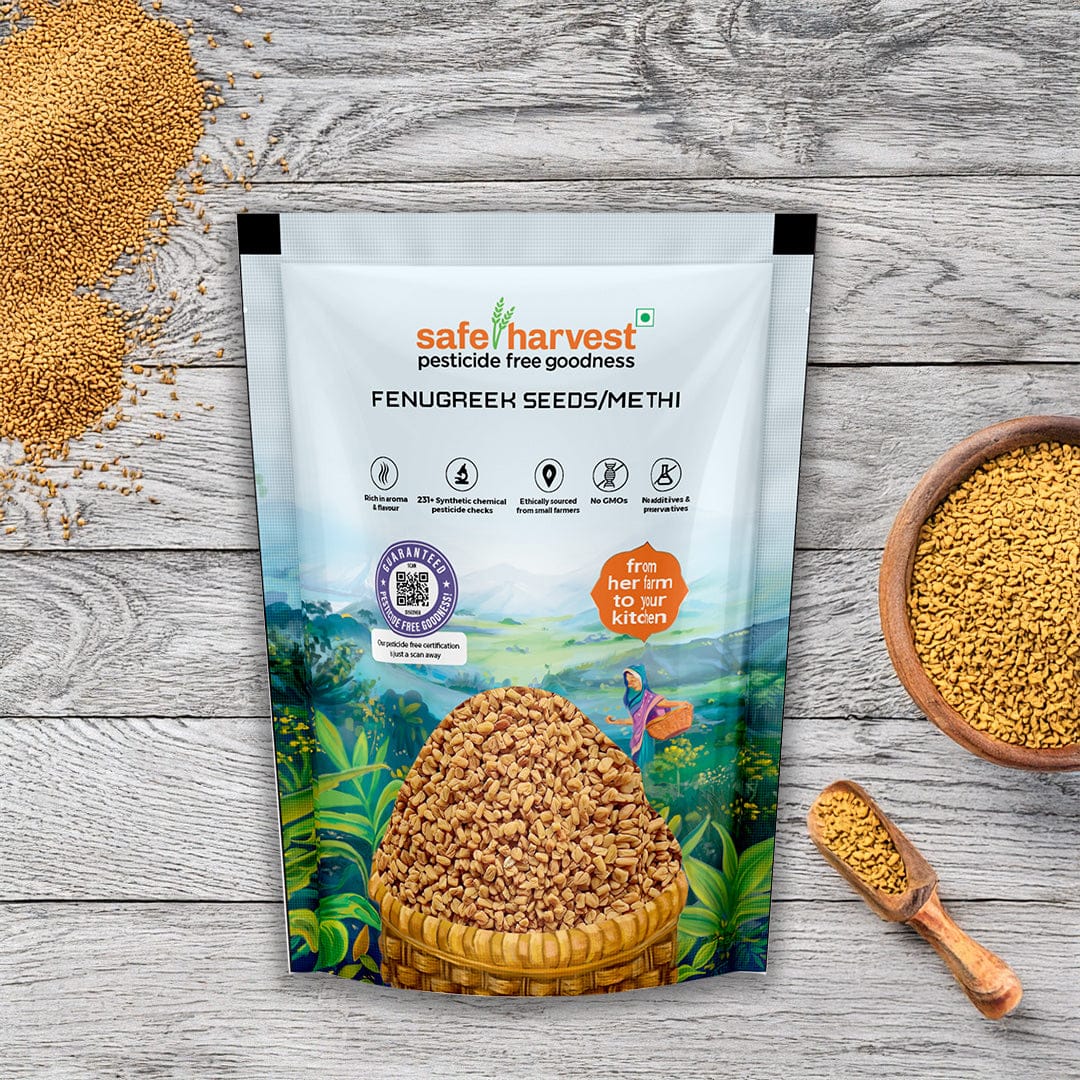 Safe Harvest pesticide-free fenugreek seeds methi dana pack with seeds in a bowl on a wooden surface.