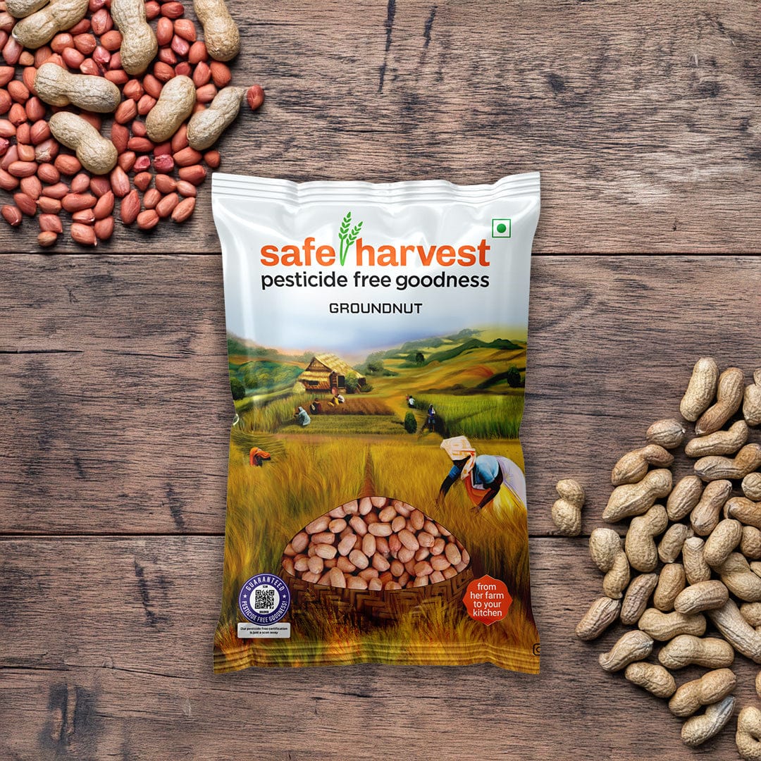 Safe Harvest pesticide-free Kadiri groundnuts pack — aflatoxin-free, NABL lab tested raw peanuts.