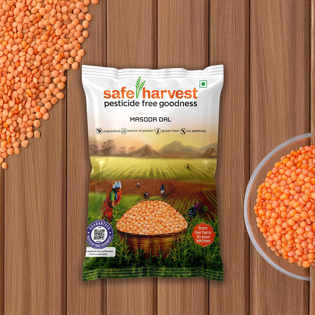 Safe Harvest pesticide-free masoor dal red lentils pack with dal in a bowl on a wooden surface.