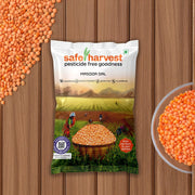 Safe Harvest pesticide-free masoor dal red lentils pack with dal in a bowl on a wooden surface.