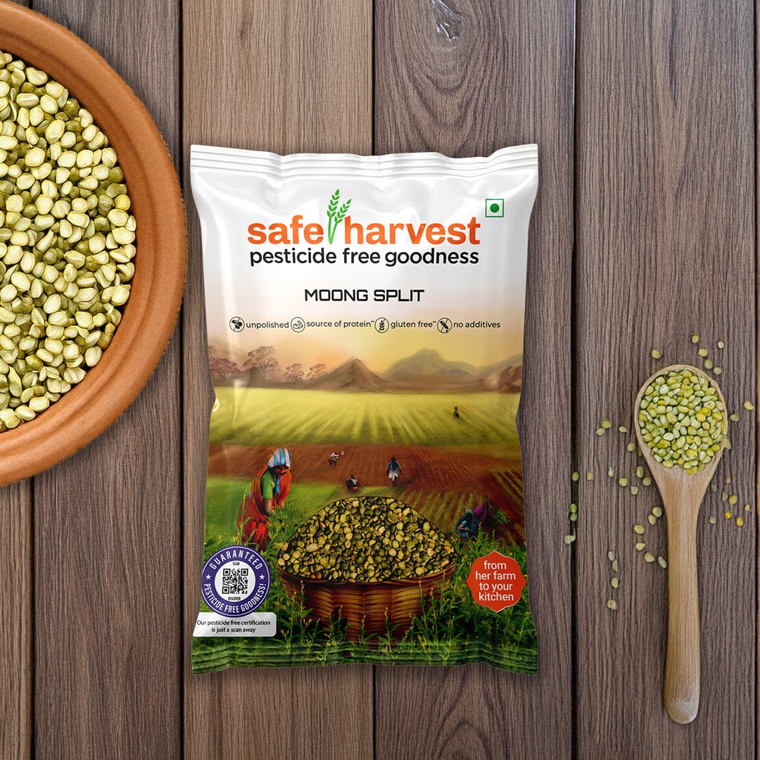 Safe Harvest pesticide-free moong dal chilka split green gram pack with dal in a bowl on a wooden surface