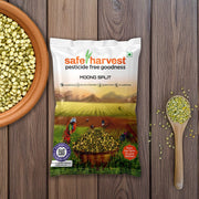 Safe Harvest pesticide-free moong dal chilka split green gram pack with dal in a bowl on a wooden surface