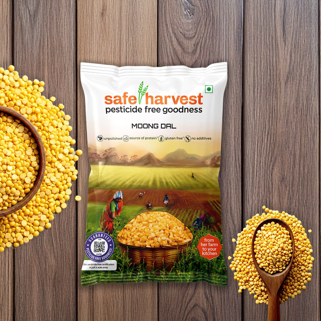 Safe Harvest pesticide-free moong dal yellow split dhuli pack with dal in a bowl on a wooden surface