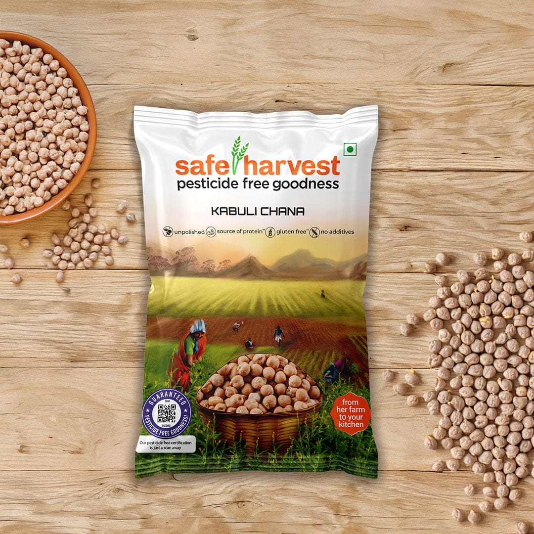 Safe Harvest pesticide-free unpolished kabuli chana white chickpeas pack on a wooden surface.