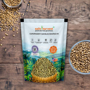 Safe Harvest whole coriander seeds dhaniya pack with seeds in a bowl on a wooden surface — pesticide-free and lab-tested.