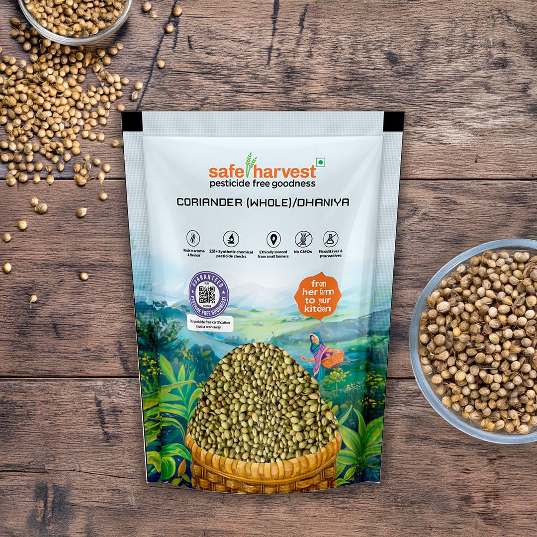 Safe Harvest whole coriander seeds dhaniya pack with seeds in a bowl on a wooden surface — pesticide-free and lab-tested.