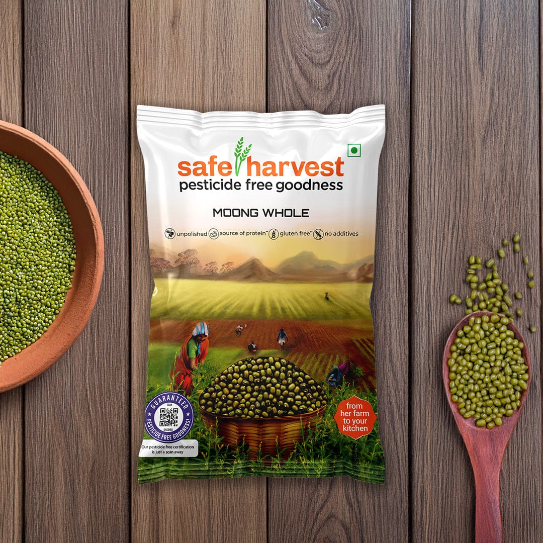 Safe Harvest pesticide-free whole moong sabut moong dal green gram pack with moong in a bowl on a wooden surface.