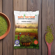 Safe Harvest pesticide-free whole moong sabut moong dal green gram pack with moong in a bowl on a wooden surface.
