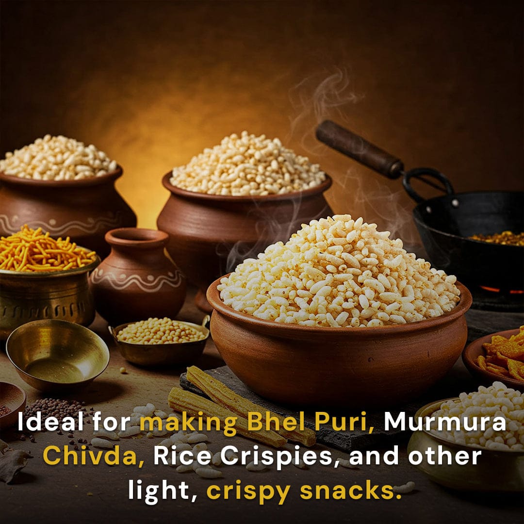 Safe Harvest pesticide-free puffed rice ideal for making bhel puri, murmura chivda, rice crispies and light crispy snacks.