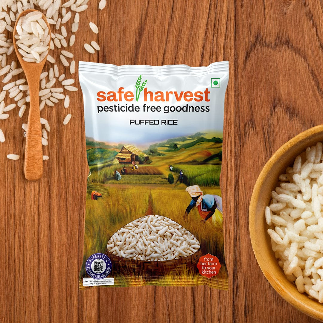 Safe Harvest puffed rice murmura pack -- arsenic tested, pesticide-free, NABL lab tested.