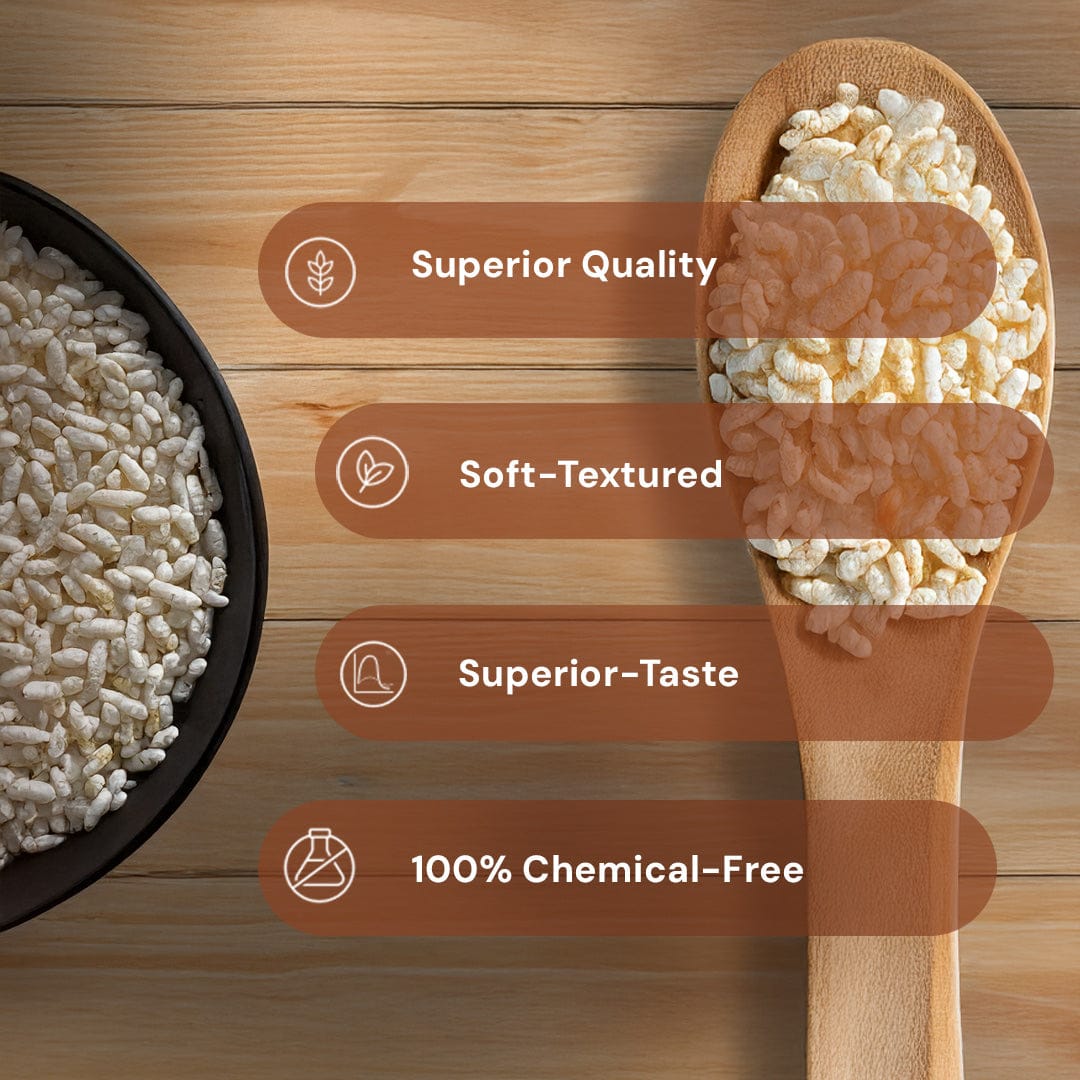 Safe Harvest puffed rice attributes -- superior quality, soft-textured, superior taste, 100% chemical-free.