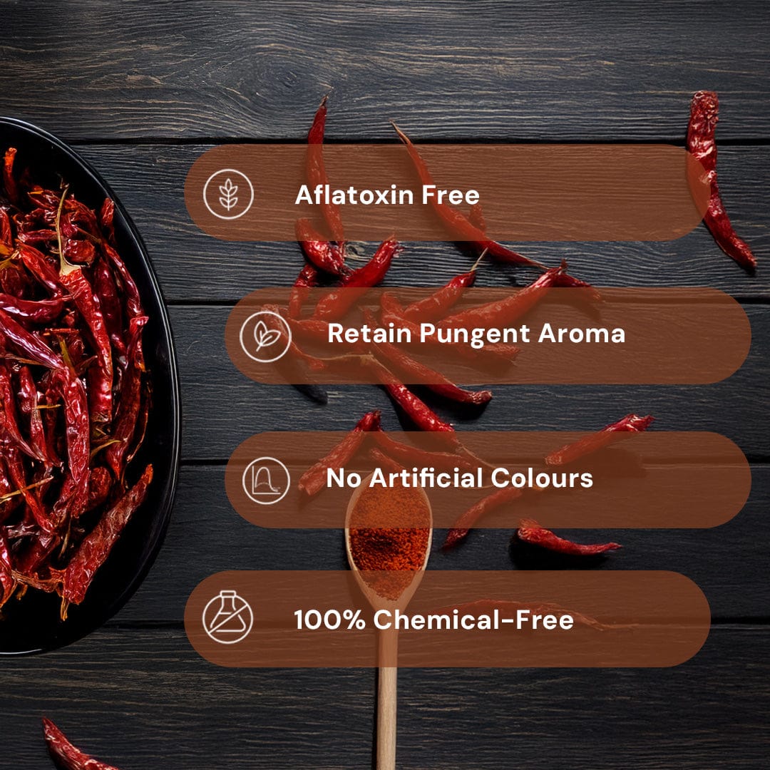 Safe Harvest whole red chilli — aflatoxin-free, retains pungent aroma, no artificial colours, 100% chemical-free