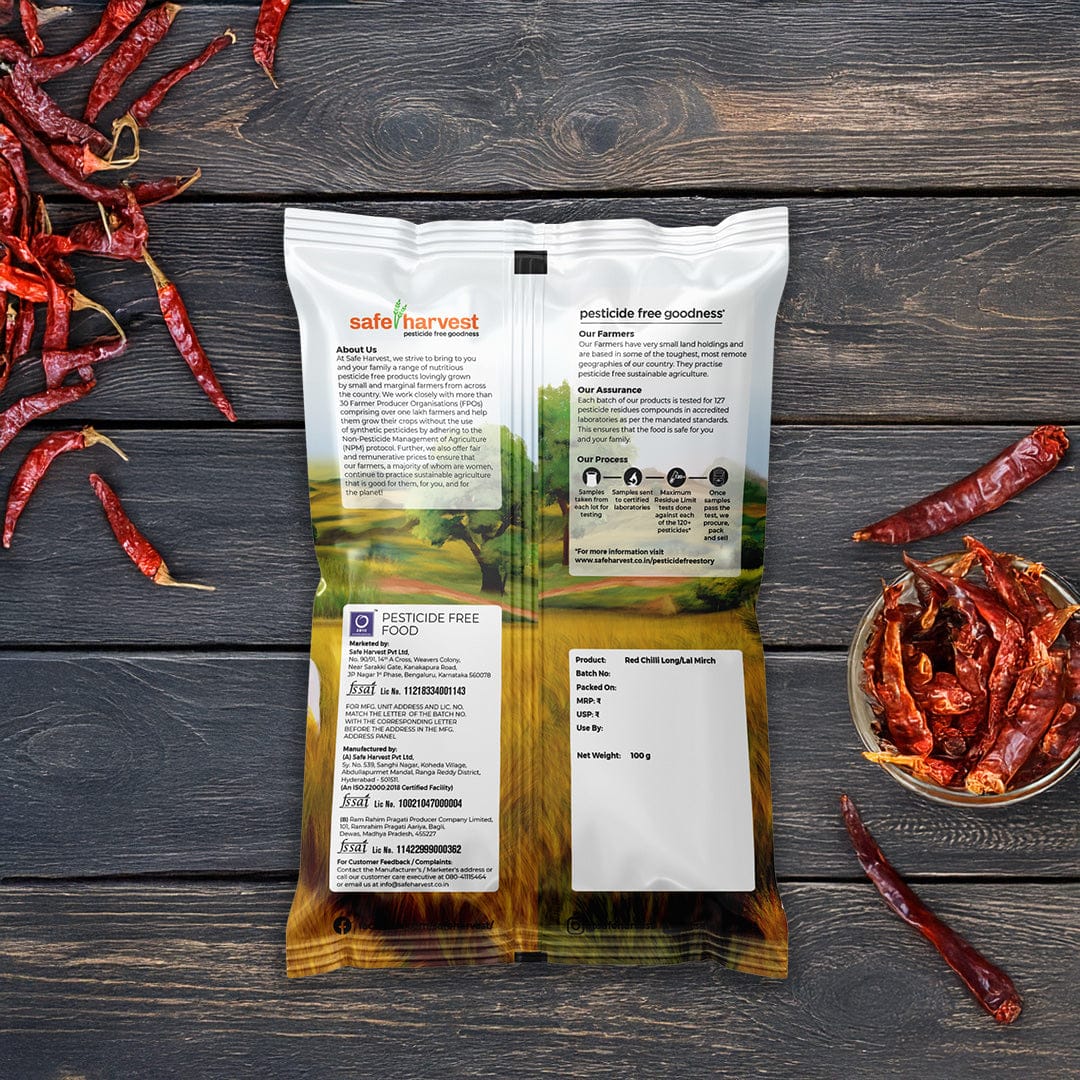 Safe Harvest red chilli lab test report — 230+ pesticide residues, heavy metals and aflatoxins tested every batch