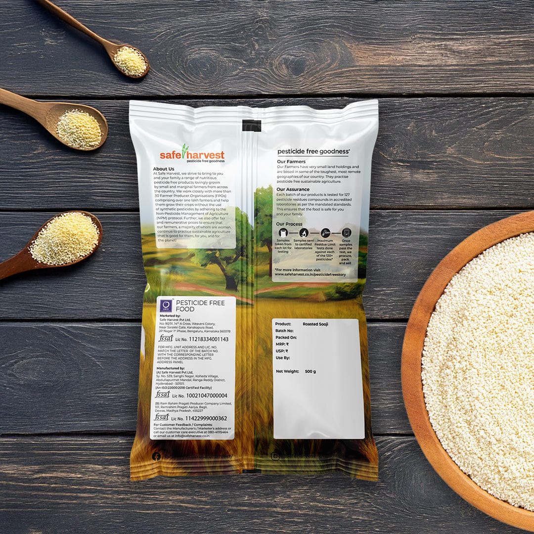 Safe Harvest roasted sooji rava lab test report - 230+ pesticide residues and aflatoxins tested every batch