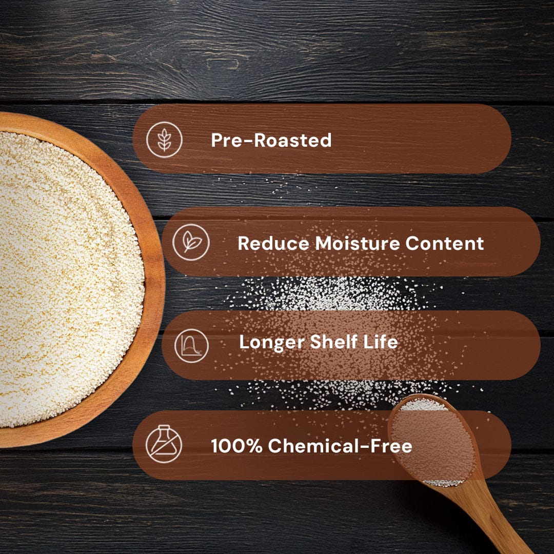 Safe Harvest roasted sooji rava attributes - pre-roasted, reduced moisture content, longer shelf life, 100% chemical-free.