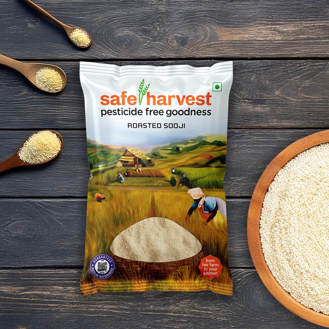 Safe Harvest roasted sooji rava pack - pre-roasted, pesticide-free, NABL lab tested semolina.