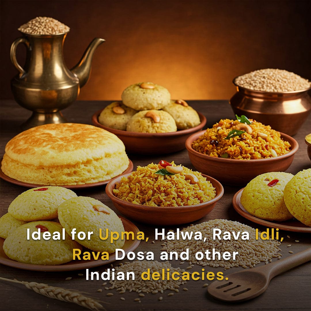 Safe Harvest pesticide-free roasted sooji rava ideal for upma, halwa, rava dosa and other Indian dishes.