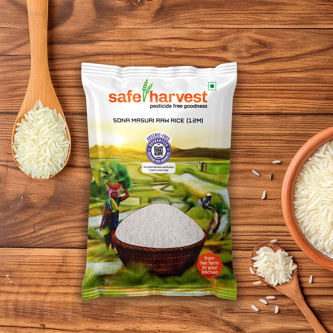 Safe Harvest Sona Masuri raw rice pack -- arsenic-free, aged 12 months, NABL lab tested pesticide-free rice.