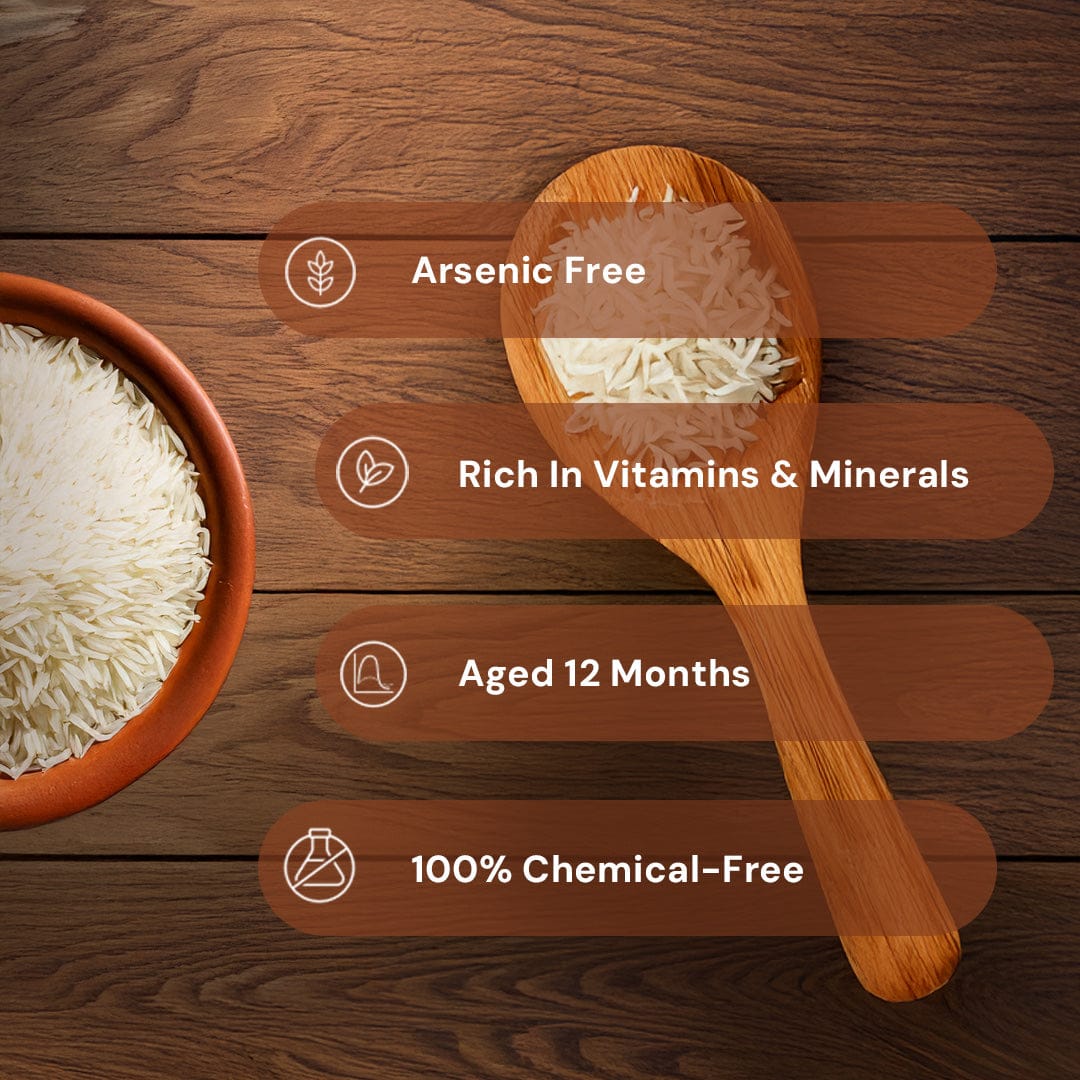 Safe Harvest Sona Masuri rice attributes -arsenic-free, rich in vitamins and minerals, aged 12 months, 100% chemical-free.