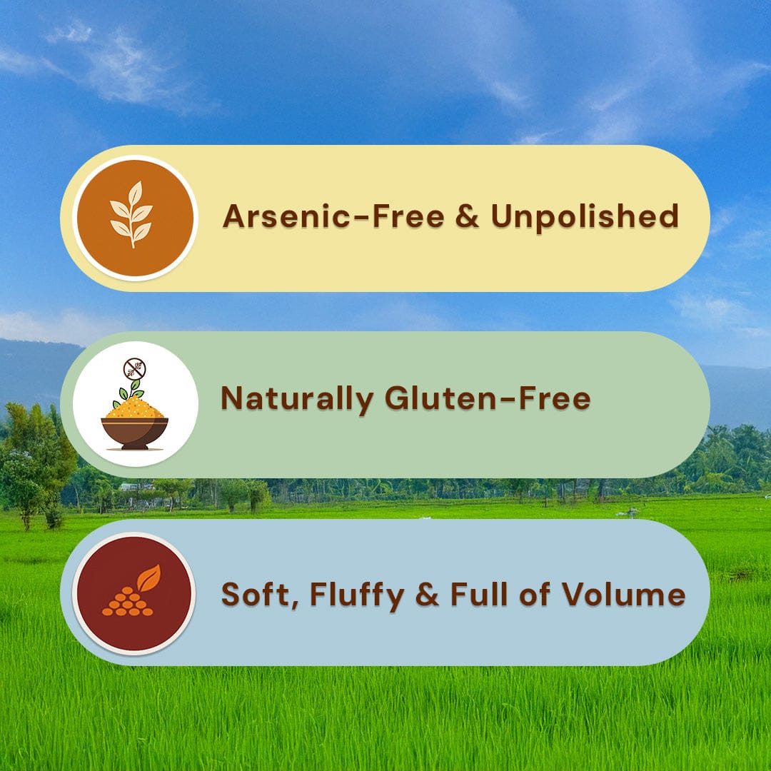 Safe Harvest Sona Masuri rice benefits -- arsenic-free and unpolished, naturally gluten-free, soft fluffy and full of volume.