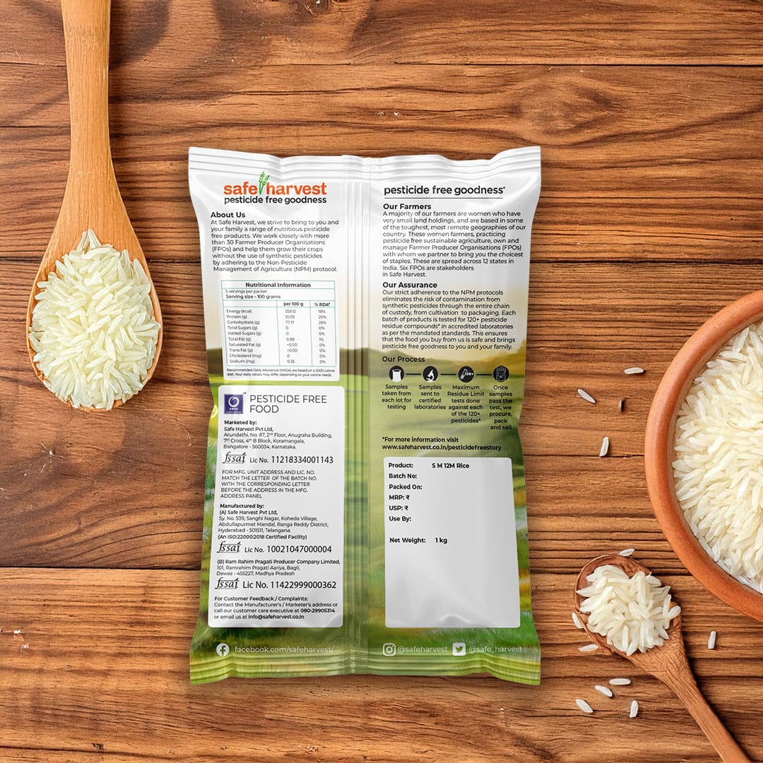 Safe Harvest Sona Masuri rice lab test report -- arsenic and 230+ pesticide residues tested every batch