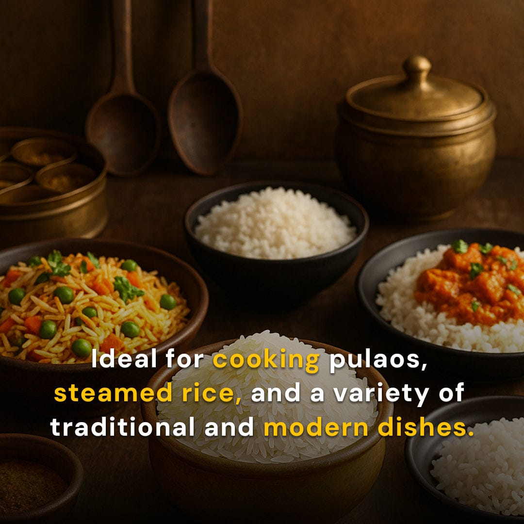 Safe Harvest pesticide-free Sona Masuri rice ideal for pulaos, steamed rice, biryani and traditional Indian dishes.