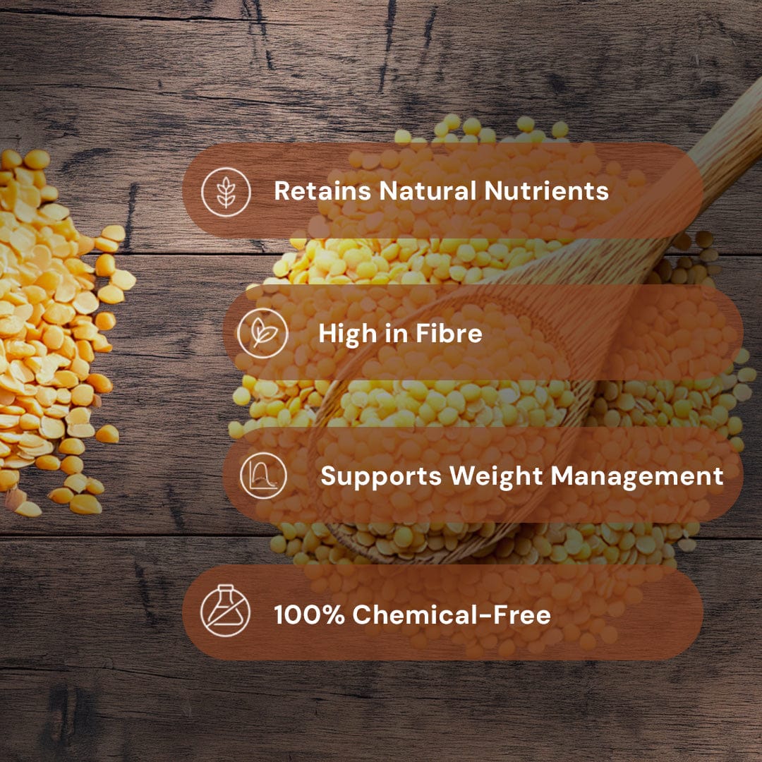 Safe Harvest Toor Dal attributes, retains natural nutrients, high in fibre, supports weight management, 100% chemical-free.