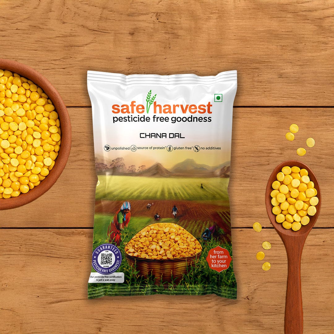 Safe Harvest unpolished Chana Dal pack, pesticide-free, protein-packed, NABL lab tested split Bengal gram.