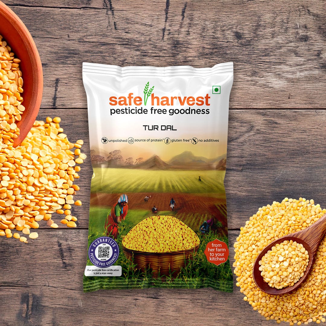 Safe Harvest unpolished Toor Dal Arhar pack, pesticide-free, protein-packed, NABL lab tested.