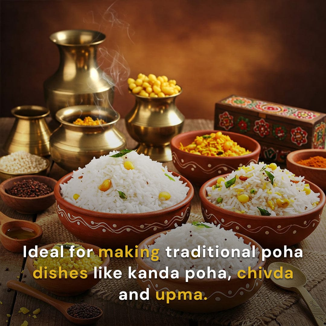 Safe Harvest pesticide-free white poha ideal for making kanda poha, chiwda and upma-traditional Indian dishes