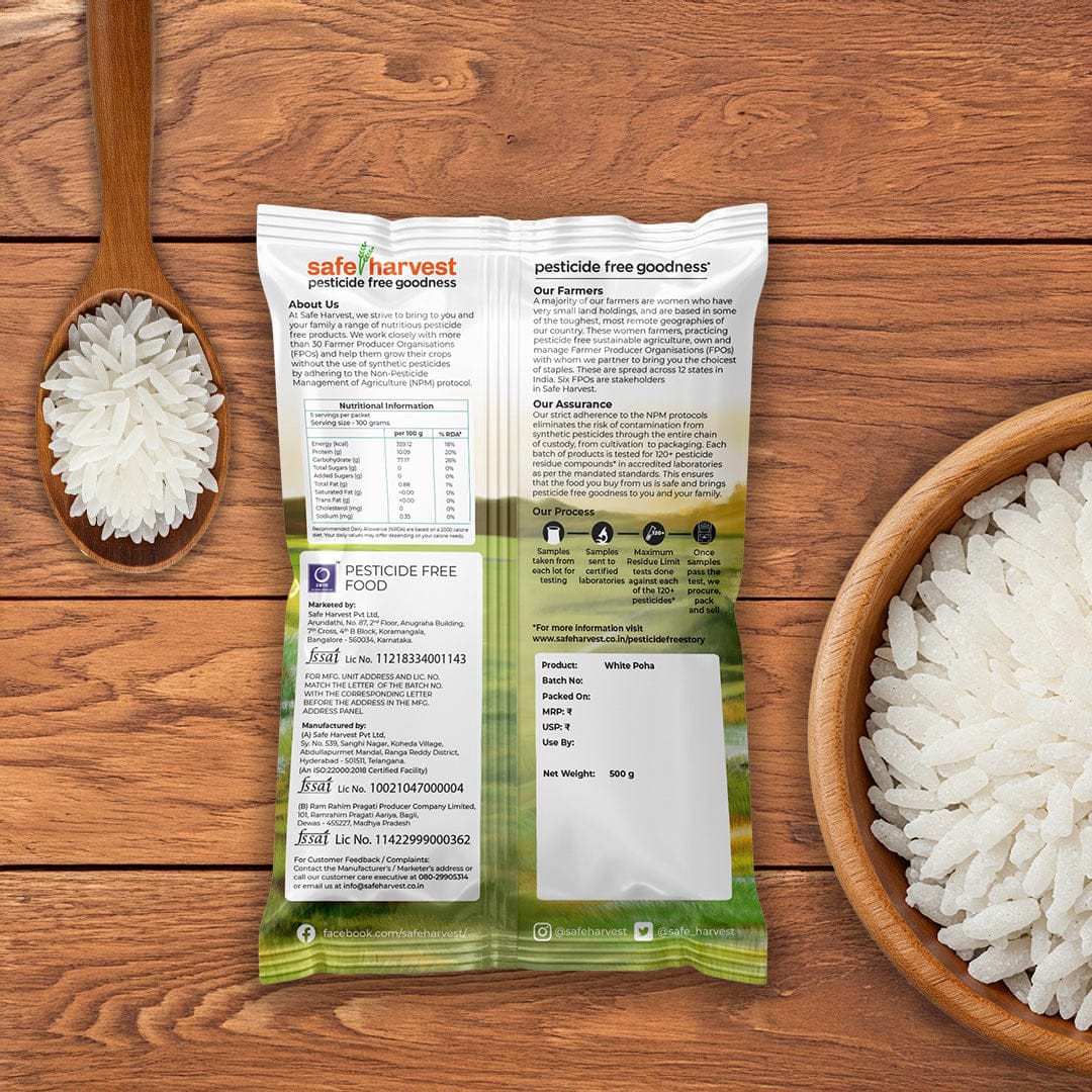 Safe Harvest white poha lab test report -- arsenic and 230+ pesticide residues tested every batch.