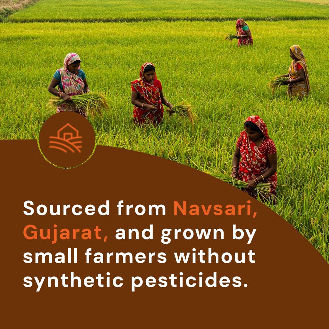 Safe Harvest white poha sourced from Navsari Gujarat -- grown by small women farmers without synthetic pesticides