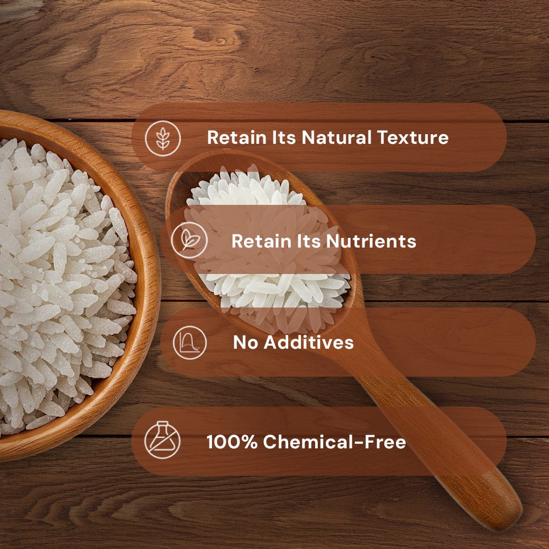 Safe Harvest white poha attributes -- retains natural texture and nutrients, no additives, 100% chemical-free.