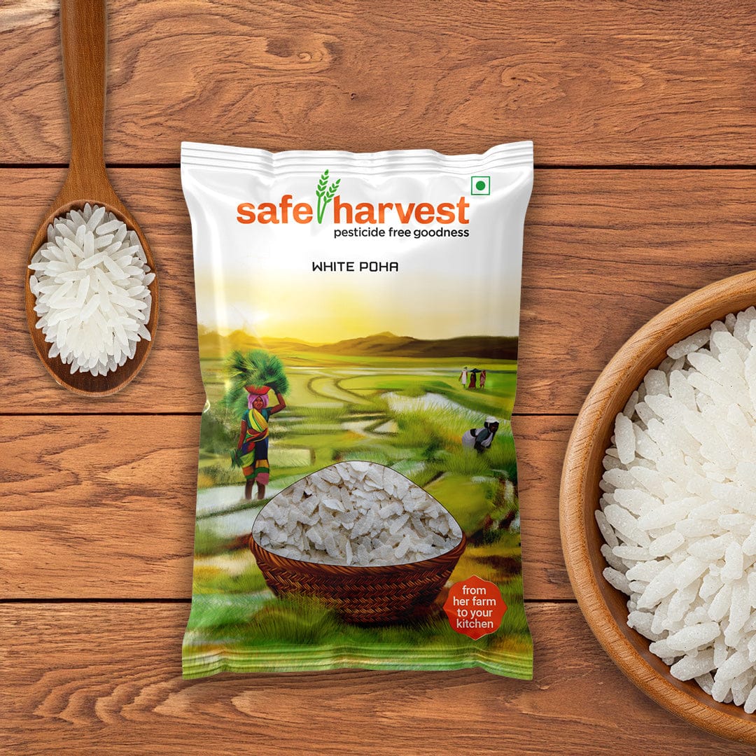 Safe Harvest white poha thick flakes pack -- arsenic-free, pesticide-free, NABL lab tested flattened rice.