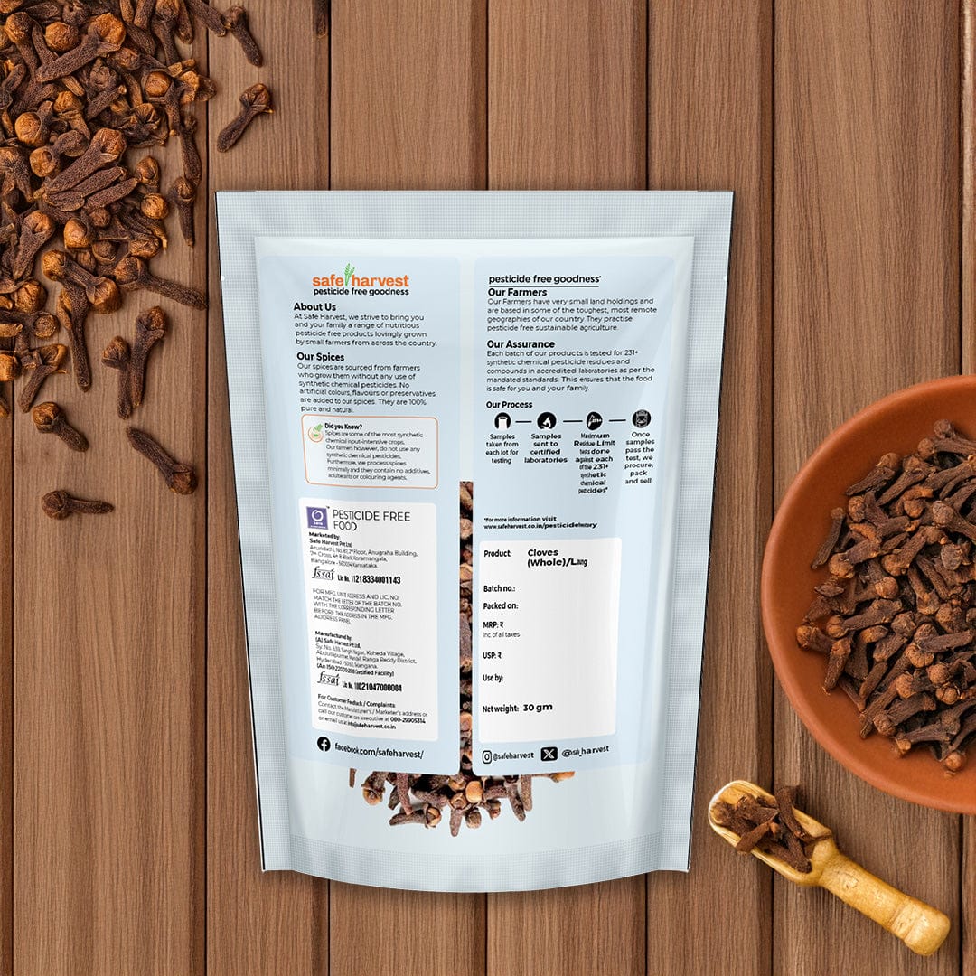 Safe Harvest whole cloves nutrition label and ingredient panel